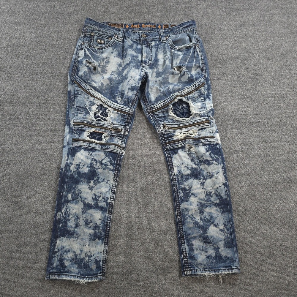 Rock Revival Jeans Mens 40x34 Blue Rowan Biker Distressed Denim Acid Wash Preppy